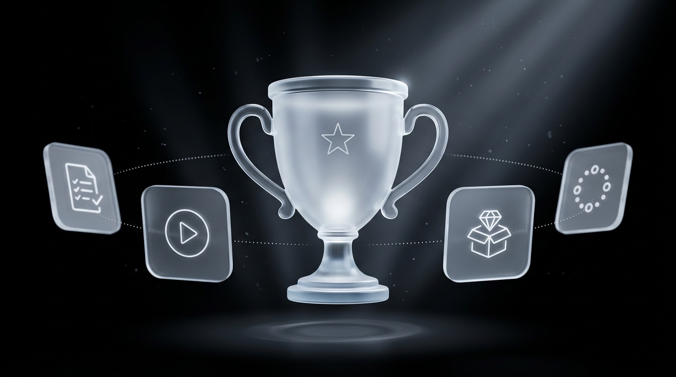 Trophée en verre dépoli entouré de 4 tuiles liquid glass (document, vidéo, image, communauté) sur fond noir, illustrant le Challenge IA dans la communauté