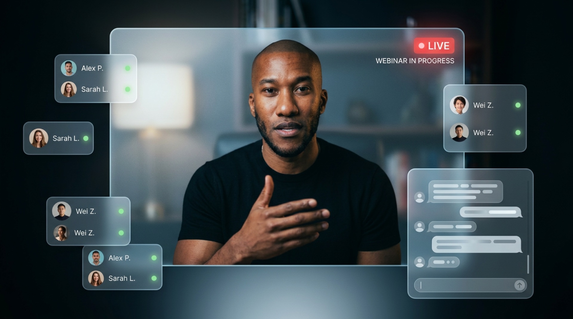 Jérémy François en webinar live face caméra avec fenêtres de participants en verre dépoli autour, illustrant les lives mensuels avec des experts IA
