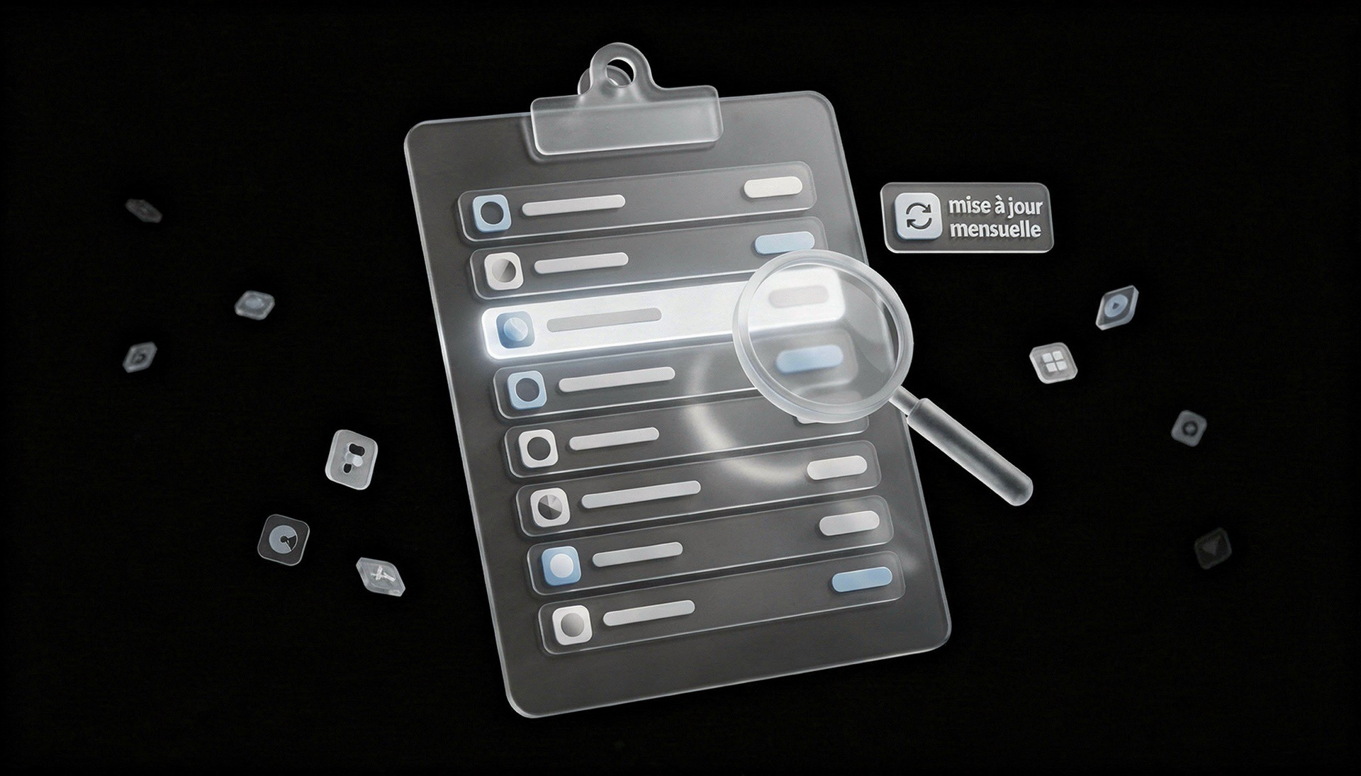 Clipboard en verre dépoli affichant une liste d'outils IA organisée avec loupe et badge mise à jour mensuelle, illustrant la liste d'outils actualisée