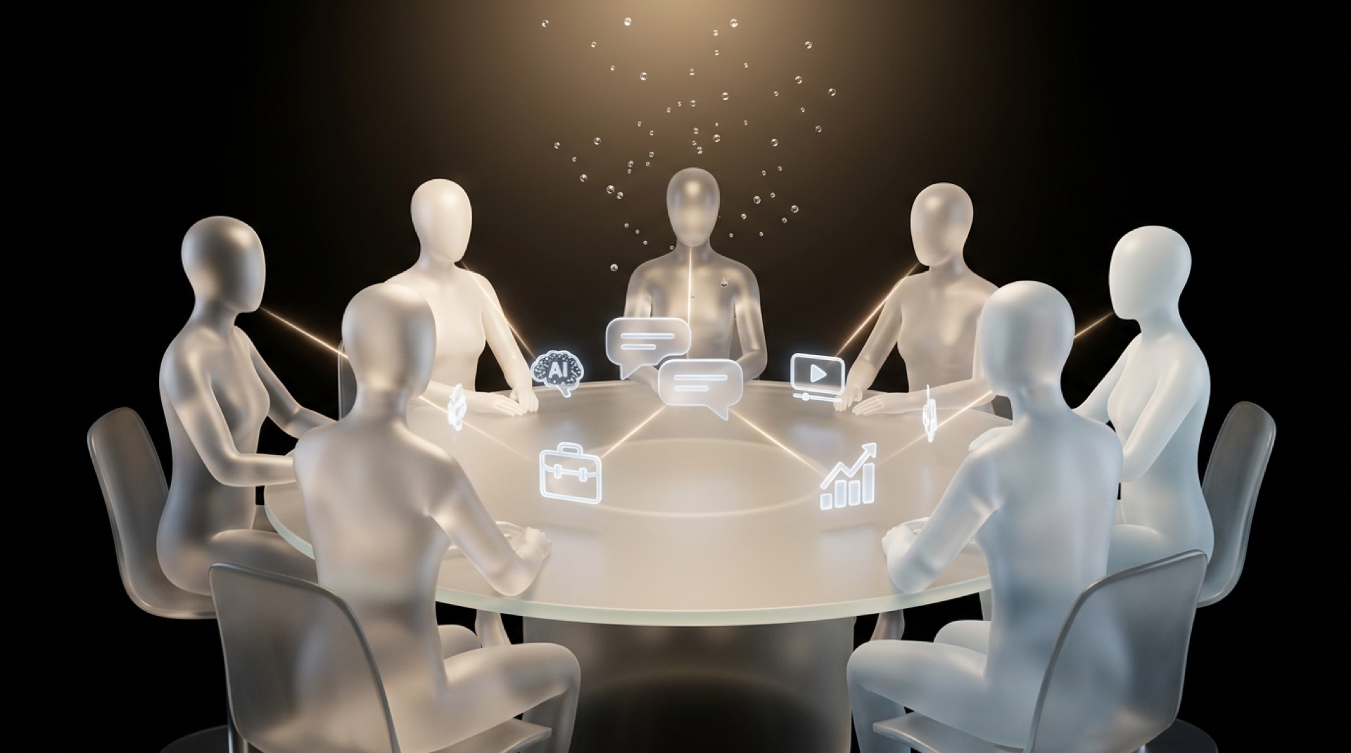Cercle de six silhouettes en verre dépoli autour d'une table ronde avec éléments collaboratifs holographiques, illustrant la communauté qui apprend ensemble