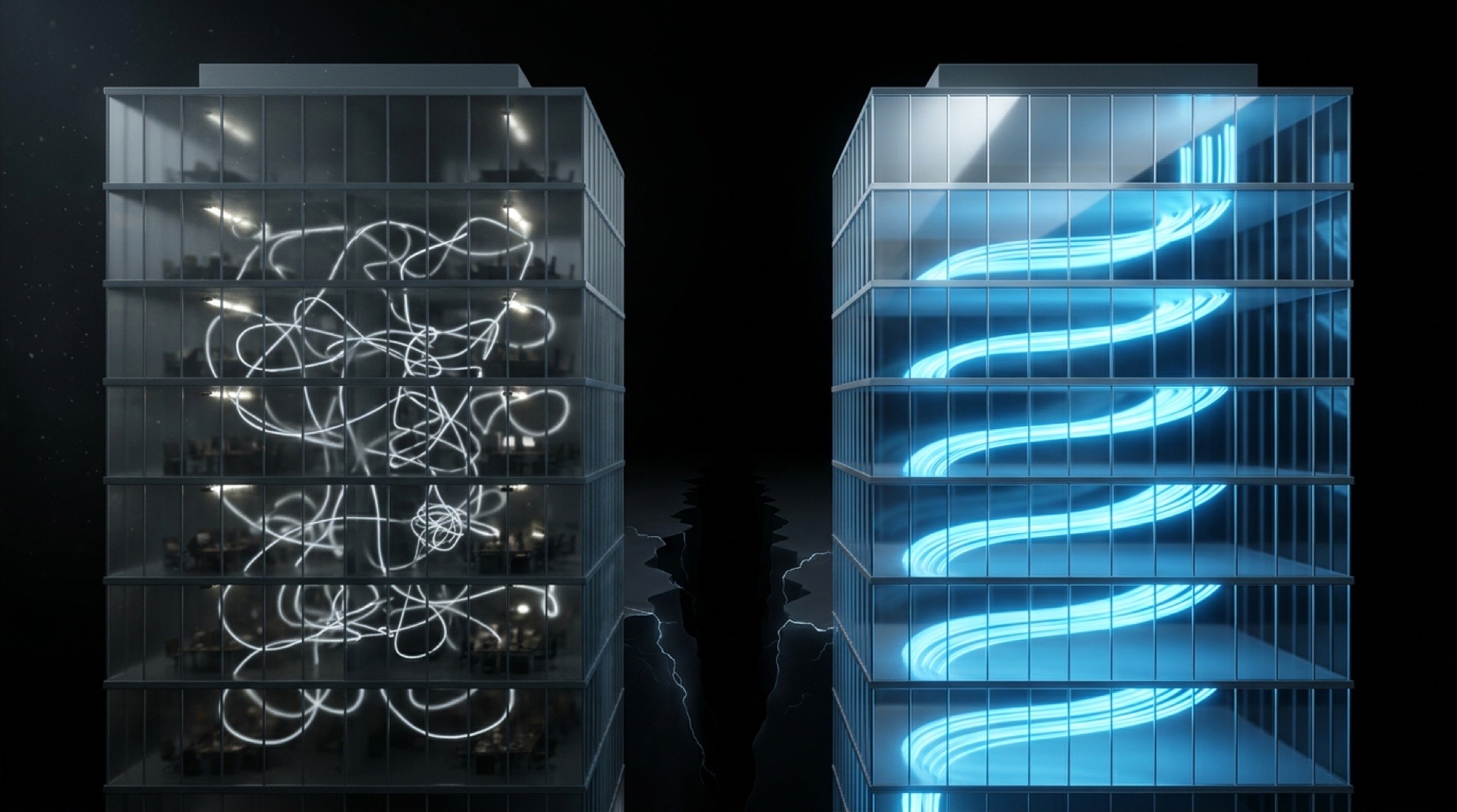 Deux silhouettes de bâtiments en verre dépoli séparées par un fossé sombre, illustrant l'écart de productivité entre entreprises formées et non formées à l'IA
