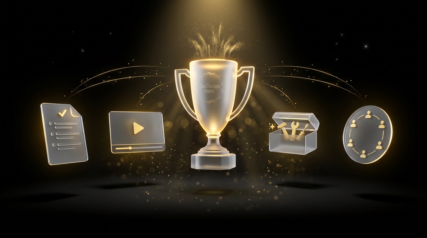 Trophée doré en verre dépoli entouré de 4 icônes liquid glass (document, vidéo, image, communauté), illustrant le Challenge Immersion IA