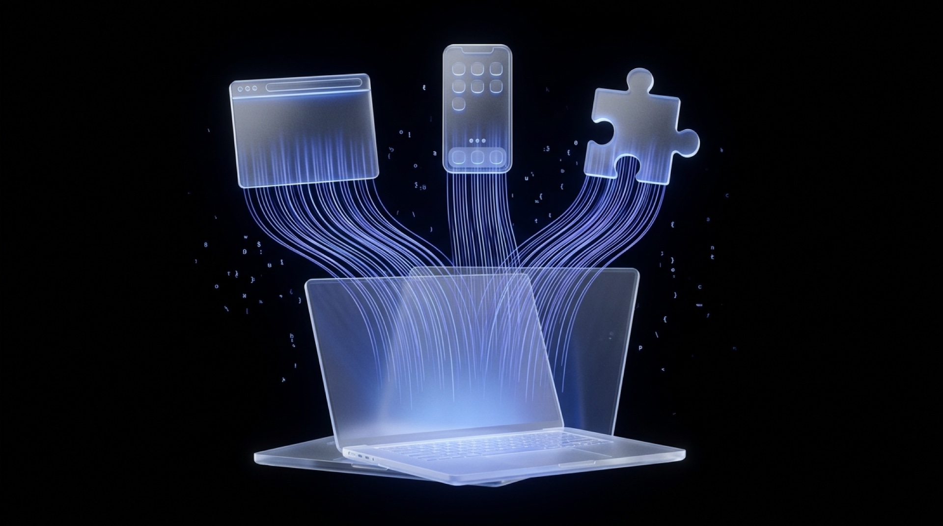 Ordinateur portable en verre dépoli émettant des lignes de code bleu-violet qui se matérialisent en site, app et extension, symbolisant Vibe Coding IA Pro