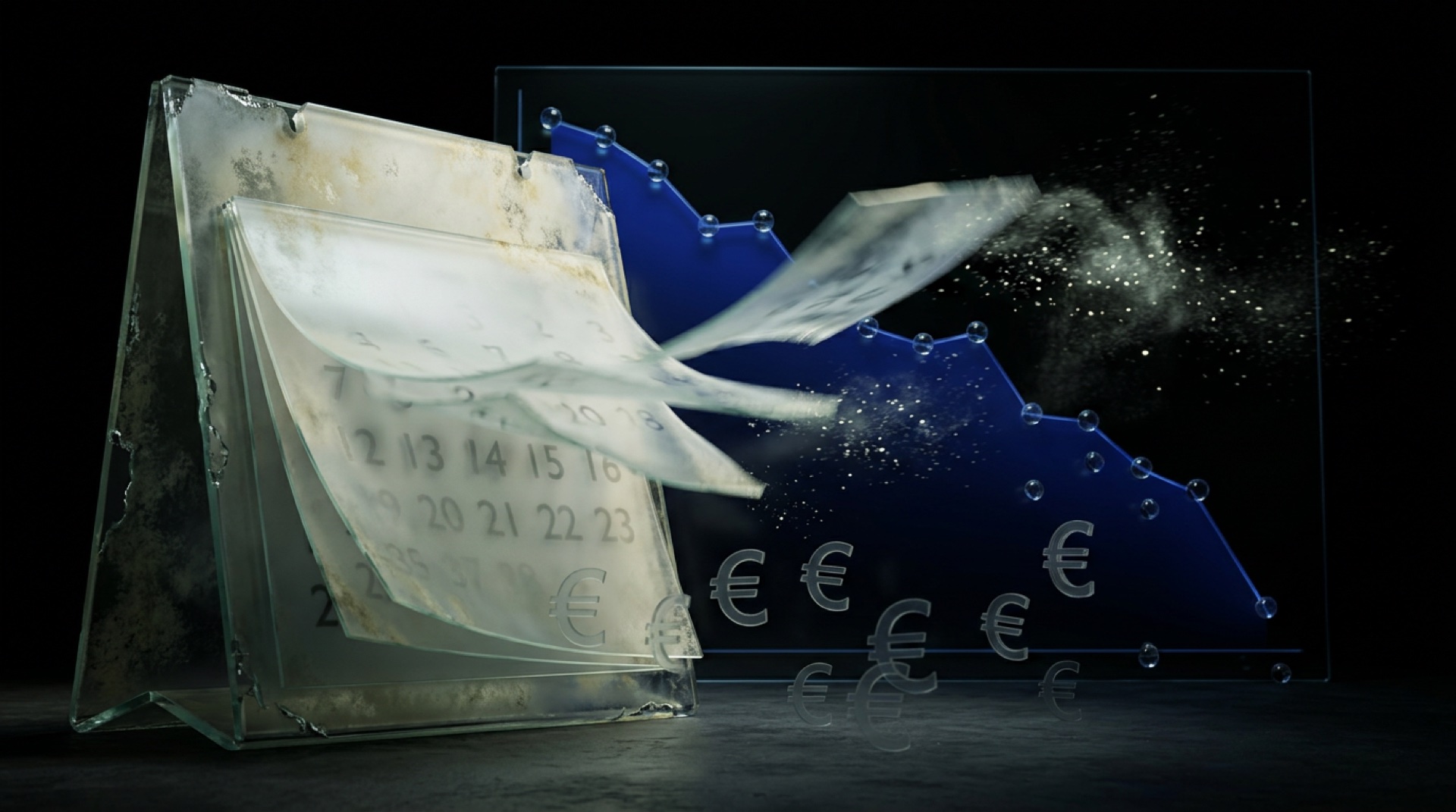 Calendrier en verre dépoli dont les pages s'envolent en particules avec graphique déclinant et symboles euro disparaissant, illustrant le coût de l'inaction face à l'IA