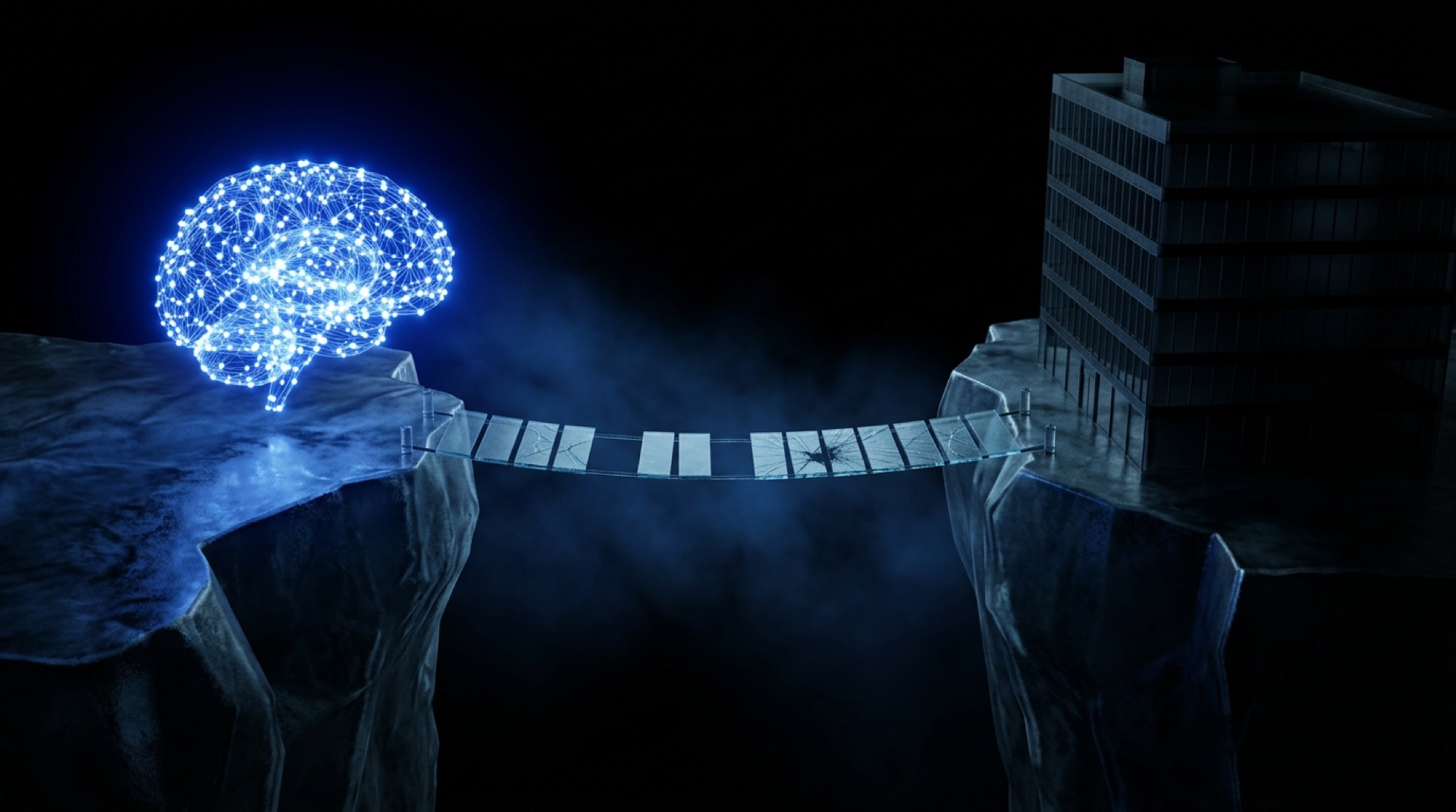 Canyon de verre dépoli avec cerveau IA bleu lumineux d'un côté et bâtiment éteint de l'autre, illustrant le fossé entre le potentiel de l'IA et sa mise en oeuvre