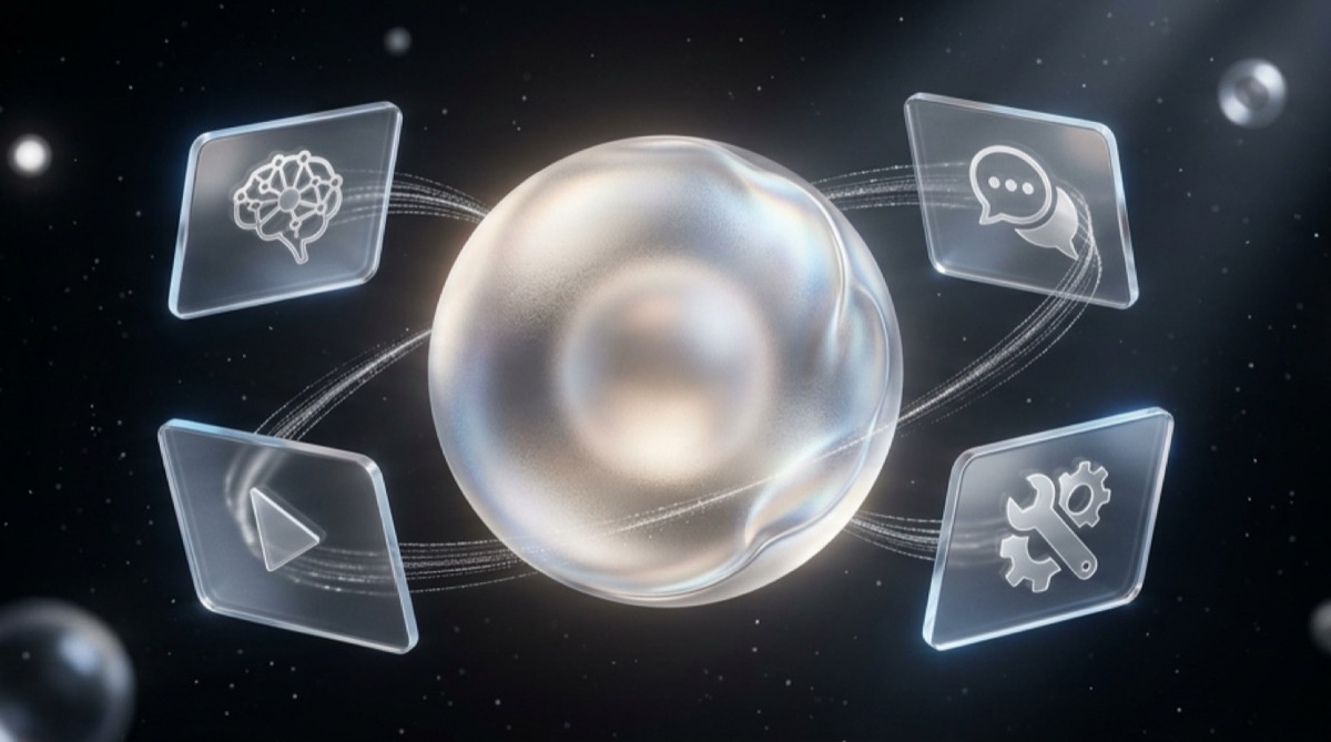 Lab IA en verre dépoli liquid glass : sphère lumineuse centrale entourée de 4 cartes orbitales représentant les modules Bases de l'IA, Prompting, Tutoriels et Outils IA, sur fond noir profond