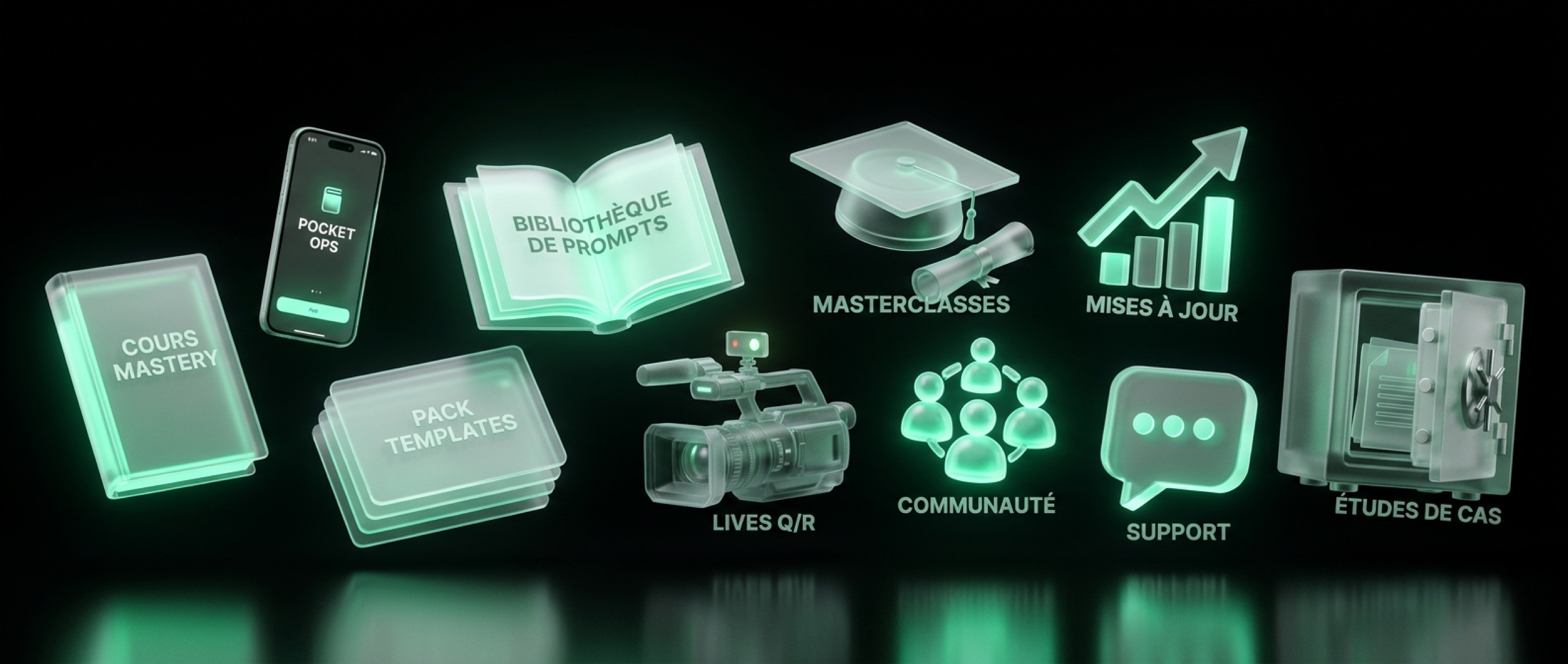 Collection panoramique des bonus inclus dans Agents IA Pro - livres, outils, masterclasses et accès premium en verre dépoli vert