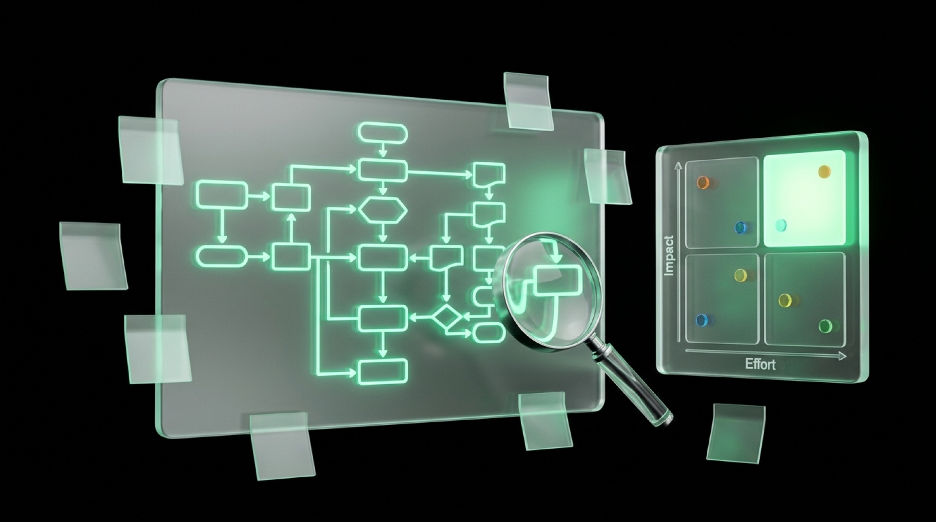 Tableau d'audit en verre vert affichant un flowchart de processus et une matrice impact/effort