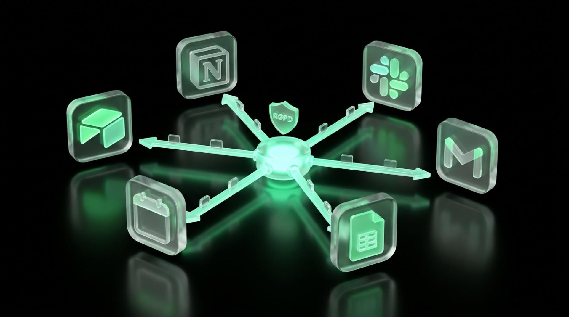 Six icônes d'outils métier en verre vert connectées à un hub central par des flux de données lumineux