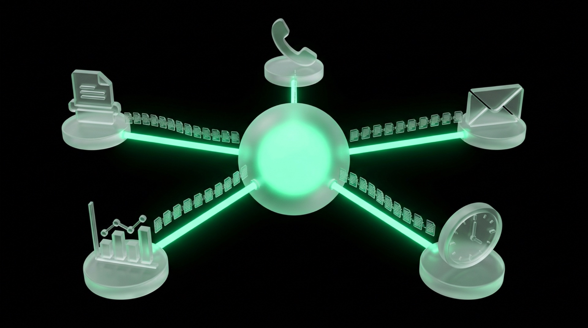 Sphère orchestratrice en verre vert dispatchant des tâches vers cinq agents IA spécialisés en formation pentagonale
