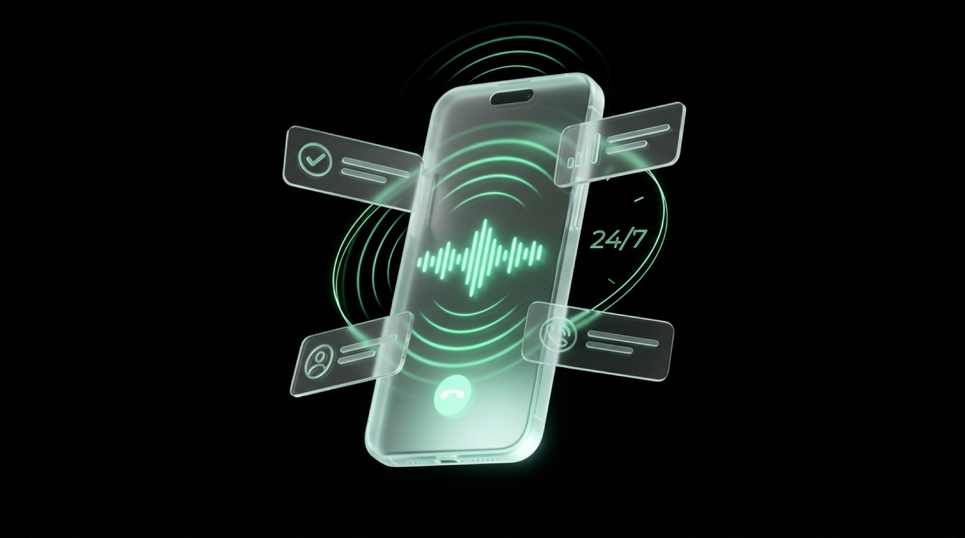 Smartphone en verre dépoli émettant des ondes sonores vertes avec horloge 24/7 en orbite, symbolisant l'agent vocal IA