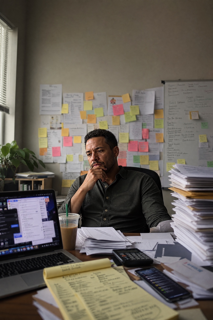 Indépendant pensif à son bureau encombré (piles de papiers, carnet de tâches, post-it au mur), submergé par les tâches manuelles de son activité