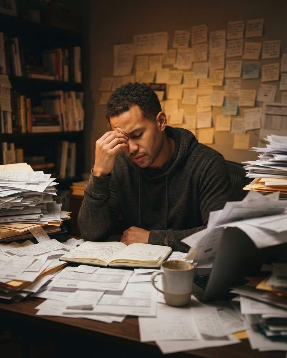 Entrepreneur pensif à son bureau encombré (piles de papiers, carnet de tâches, post-it au mur), submergé par les tâches manuelles de son activité