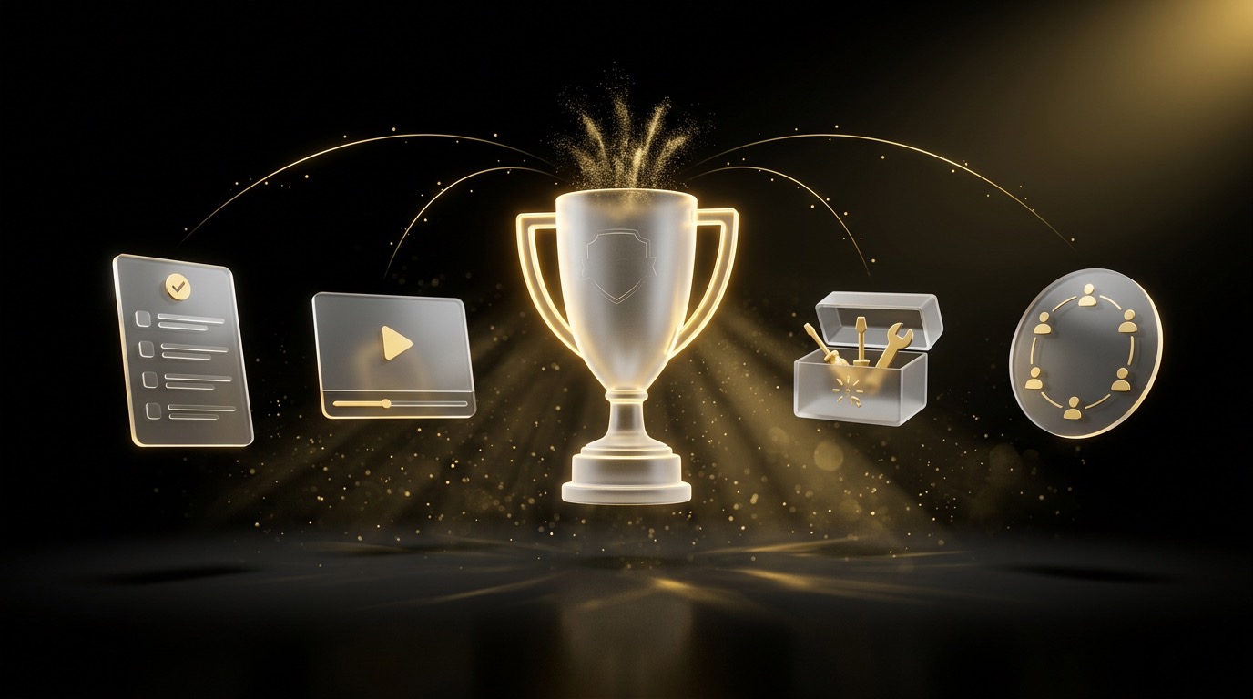 Trophée Challenge Hero entouré des 4 bonus en verre liquid glass - brief quotidien, vidéos d'accompagnement, toolbox et accès communauté, reliés au trophée par des arcs de lumière dorée