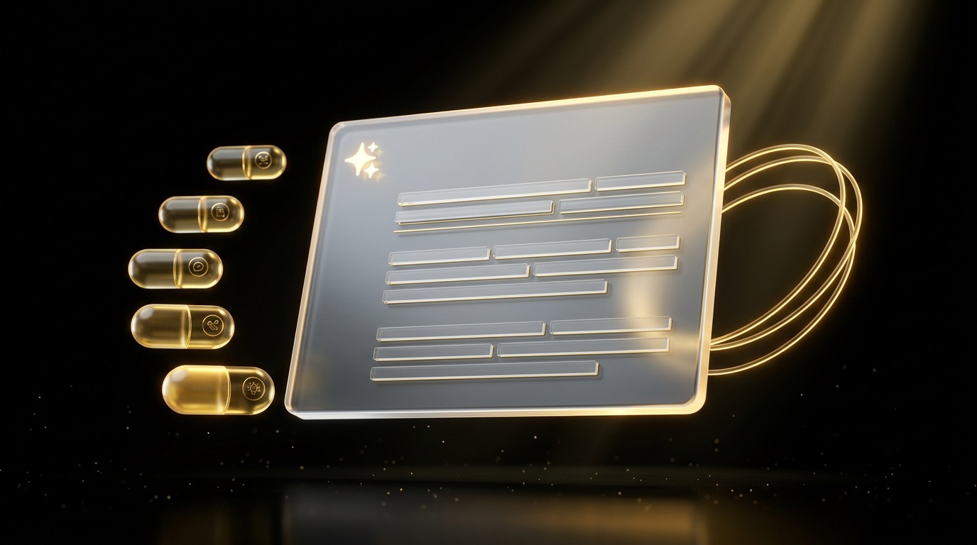 Assistant Claude configuré entouré des 5 techniques de prompt en capsules dorées, rendu liquid glass sur fond noir