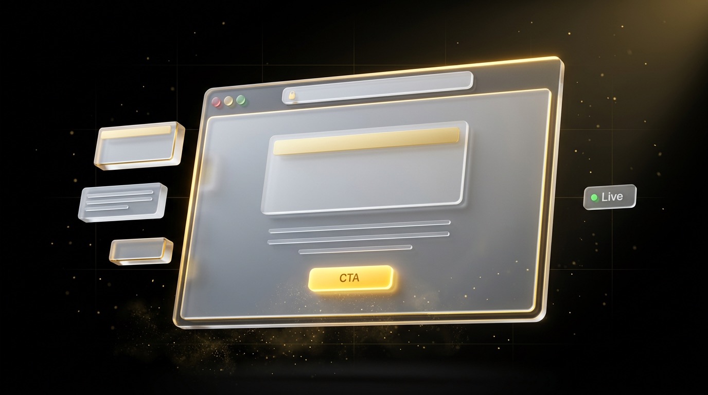 Navigateur en verre dépoli avec une landing page no-code et des blocs LEGO prêts à s'assembler, badge Live, rendu liquid glass sur fond noir