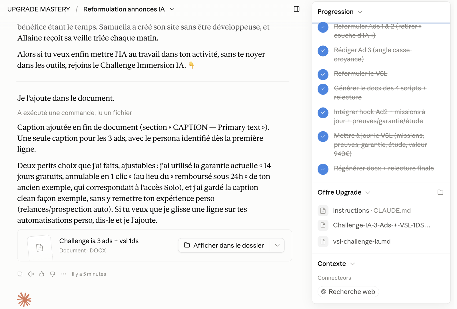 Claude Cowork qui exécute des tâches pour toi (checklist de progression, fichiers, connecteurs) : ton assistant configuré à la Mission 1