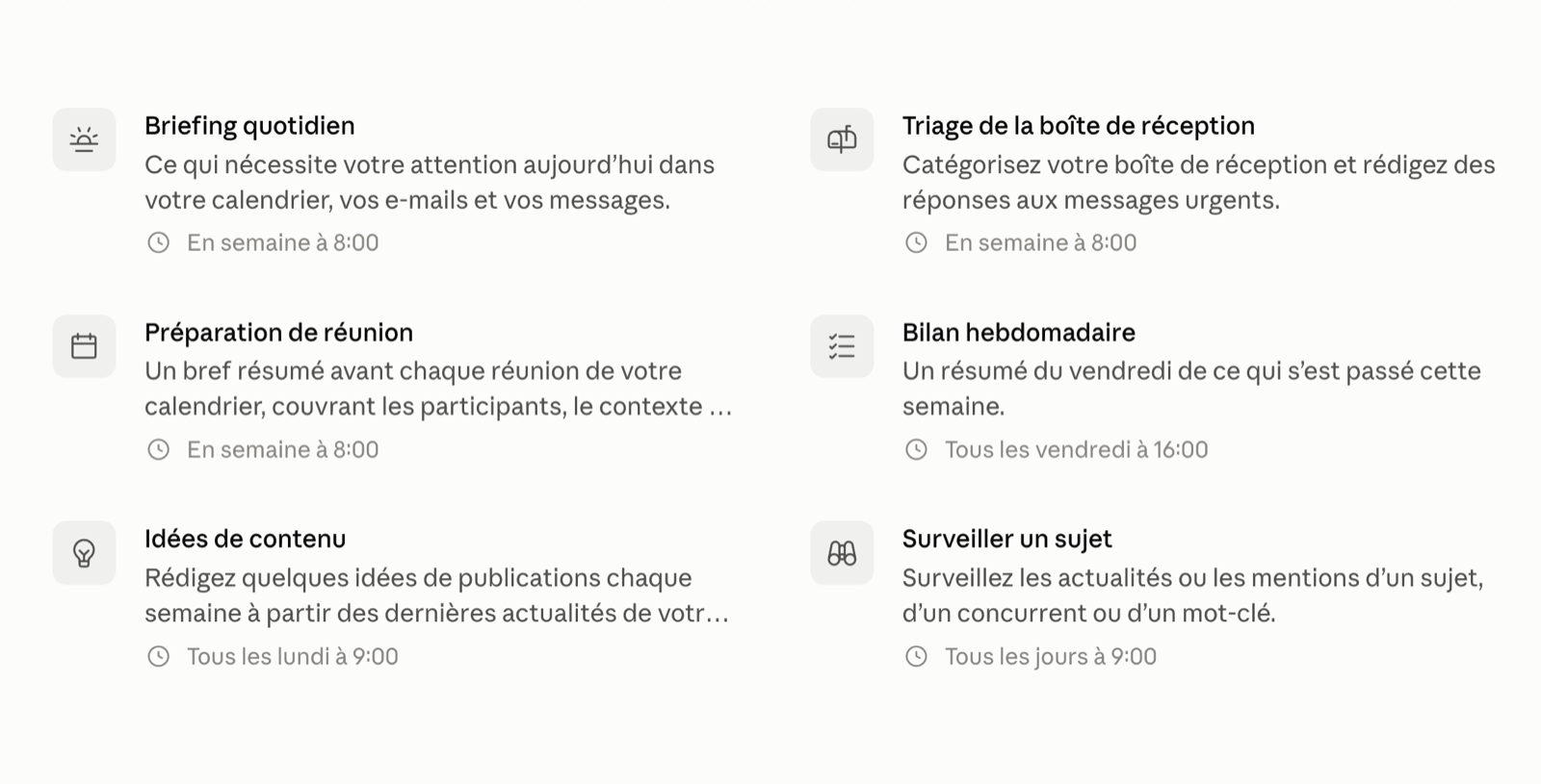 Liste de tâches IA planifiées (briefing quotidien, triage de la boîte mail, veille d'un sujet) qui s'exécutent automatiquement à heure fixe : le livrable de la Mission 2