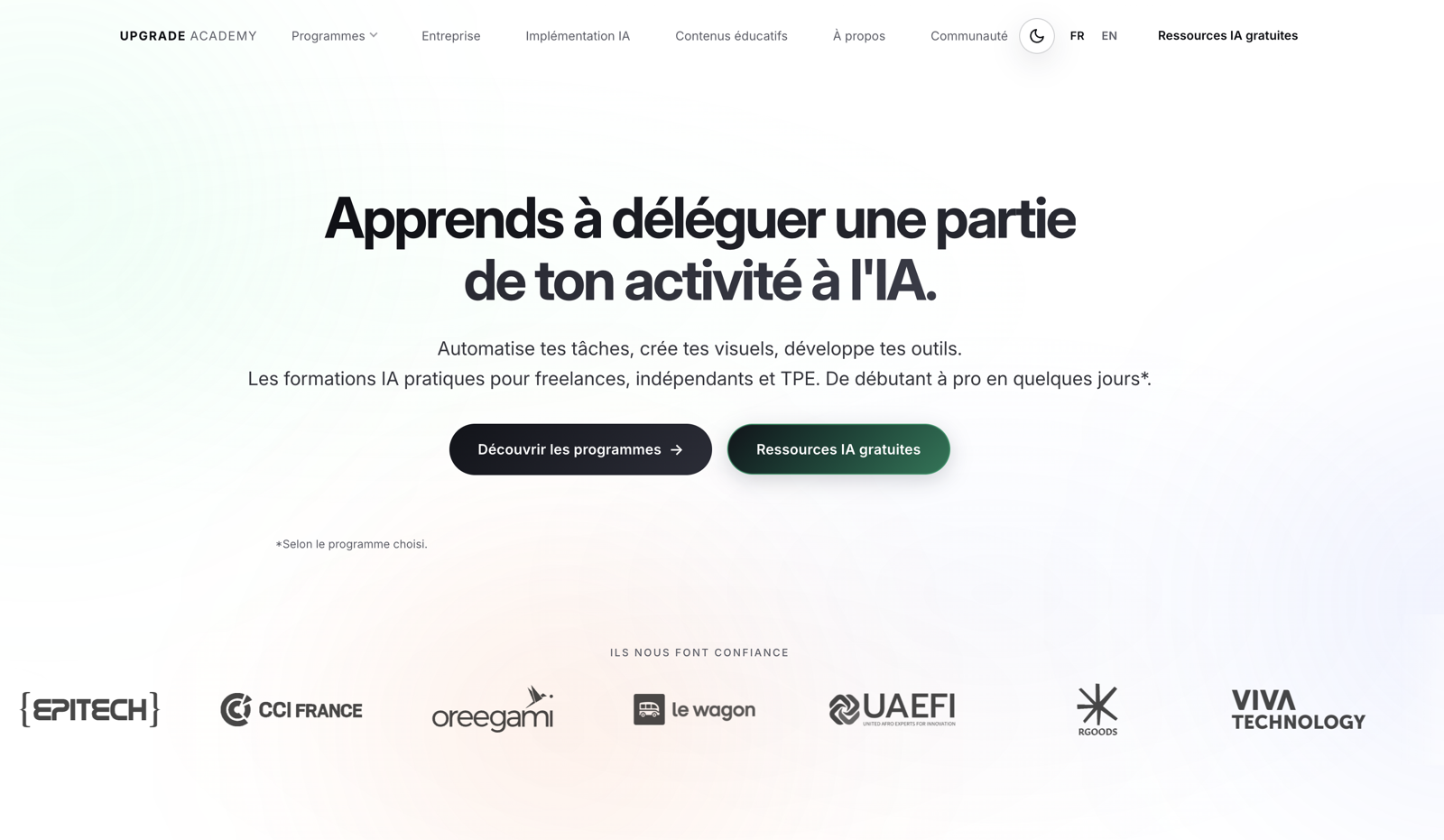 Une vraie page web en ligne (landing page claire avec titre, sous-titre et logos), exemple du livrable de la Mission 4