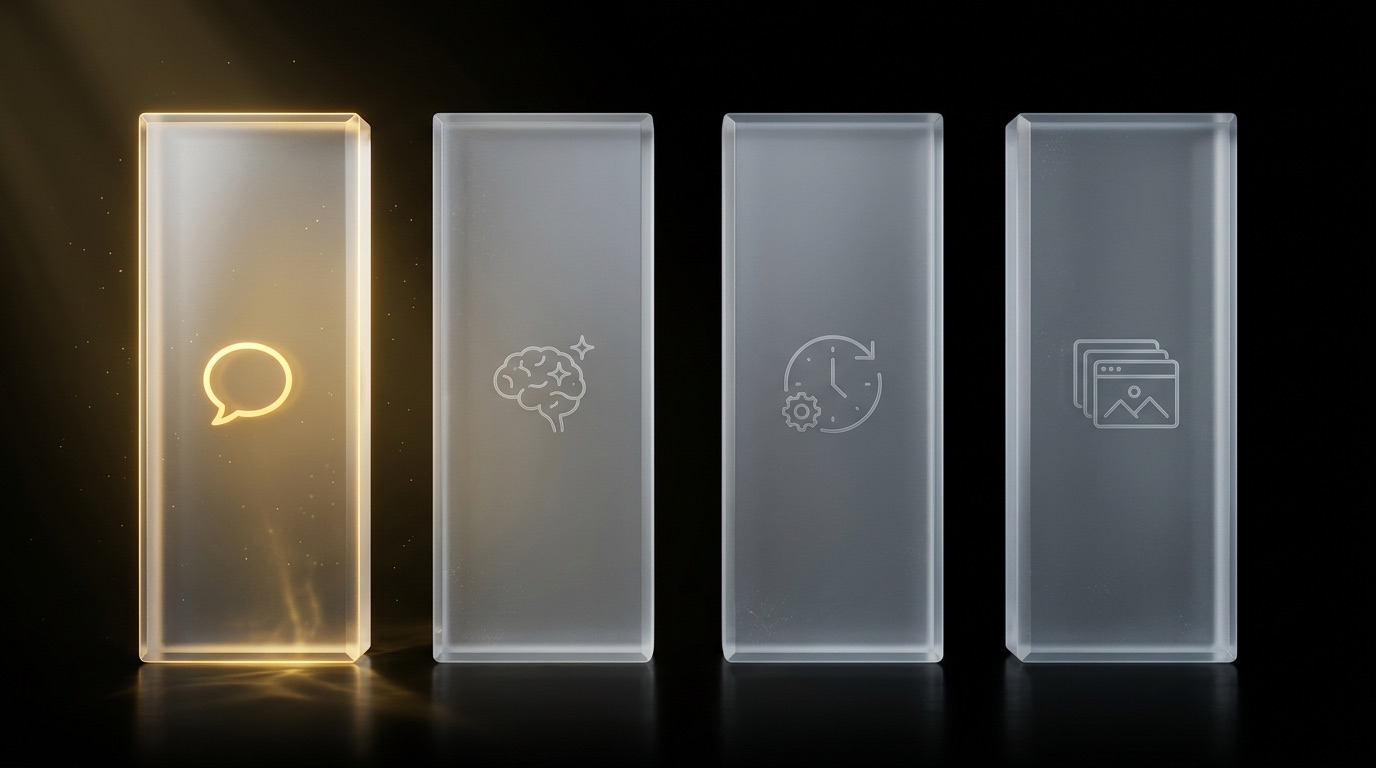 4 piliers liquid glass sur fond noir, le premier doré et lumineux avec icône chat, les 3 autres éteints en grisaille avec icônes cerveau, automation et image, illustrant les 25 % d'IA exploités vs les 75 % dormants