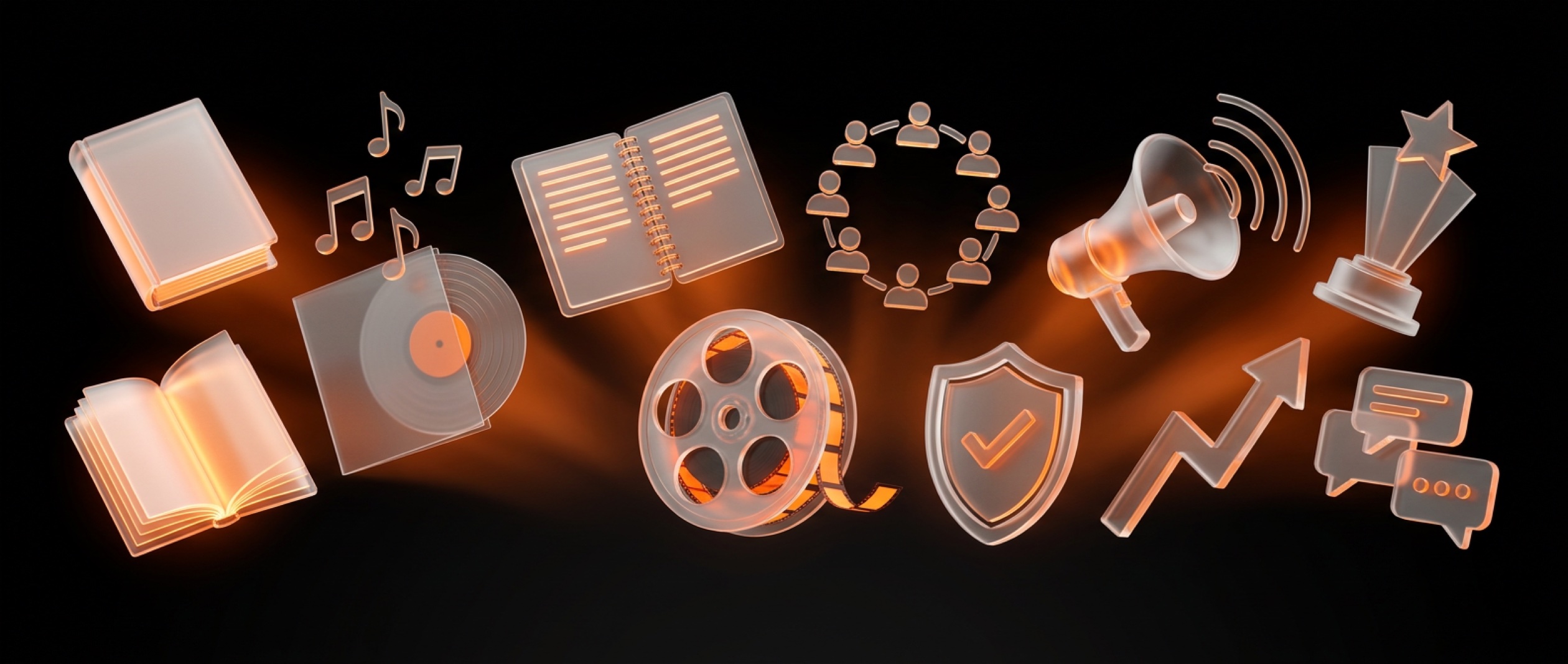 Collection panoramique des bonus inclus dans Creative IA Pro - storytelling, banque musique, prompts, masterclasses en verre dépoli orange