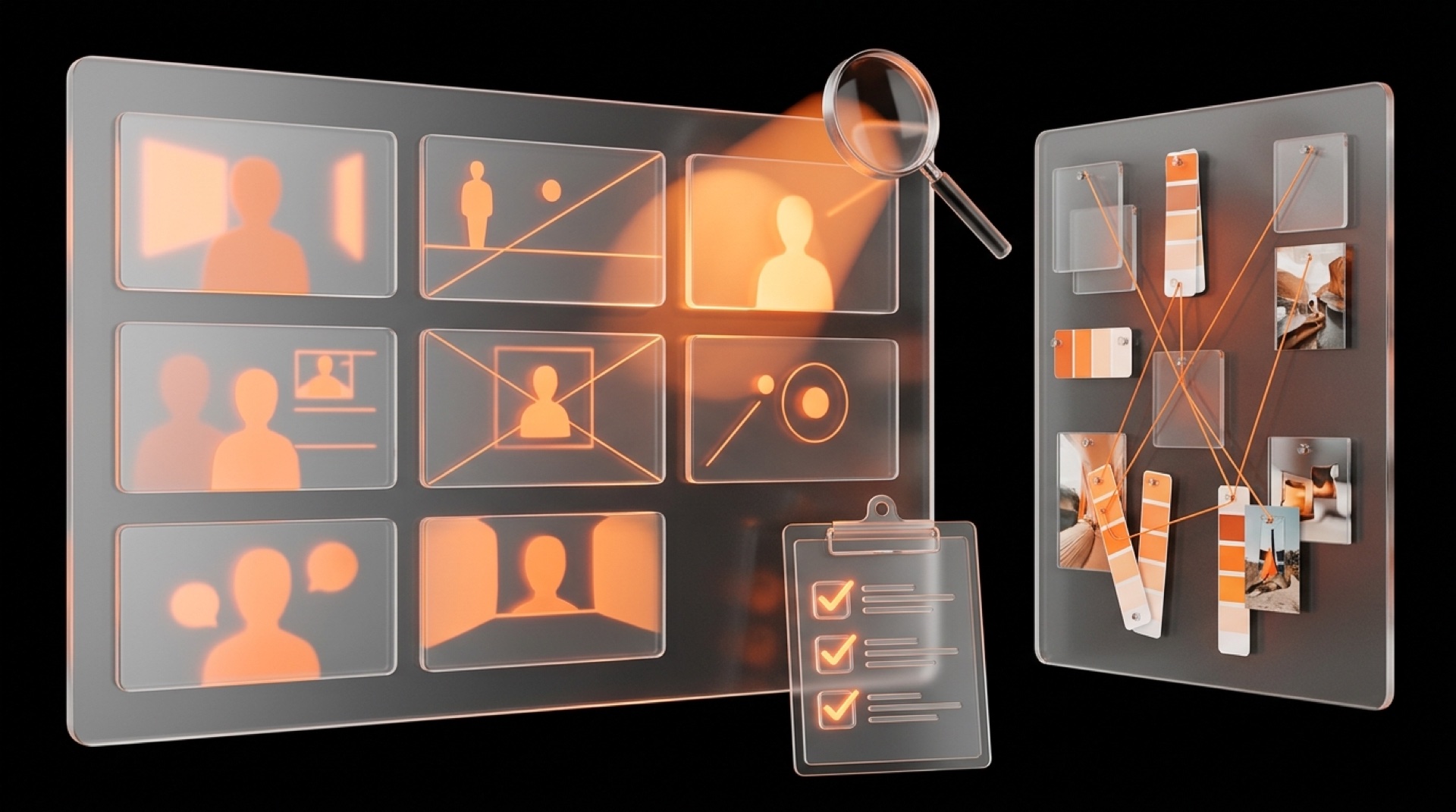 Storyboard 6 cases en verre orange avec mood board créatif et checklist d'audit