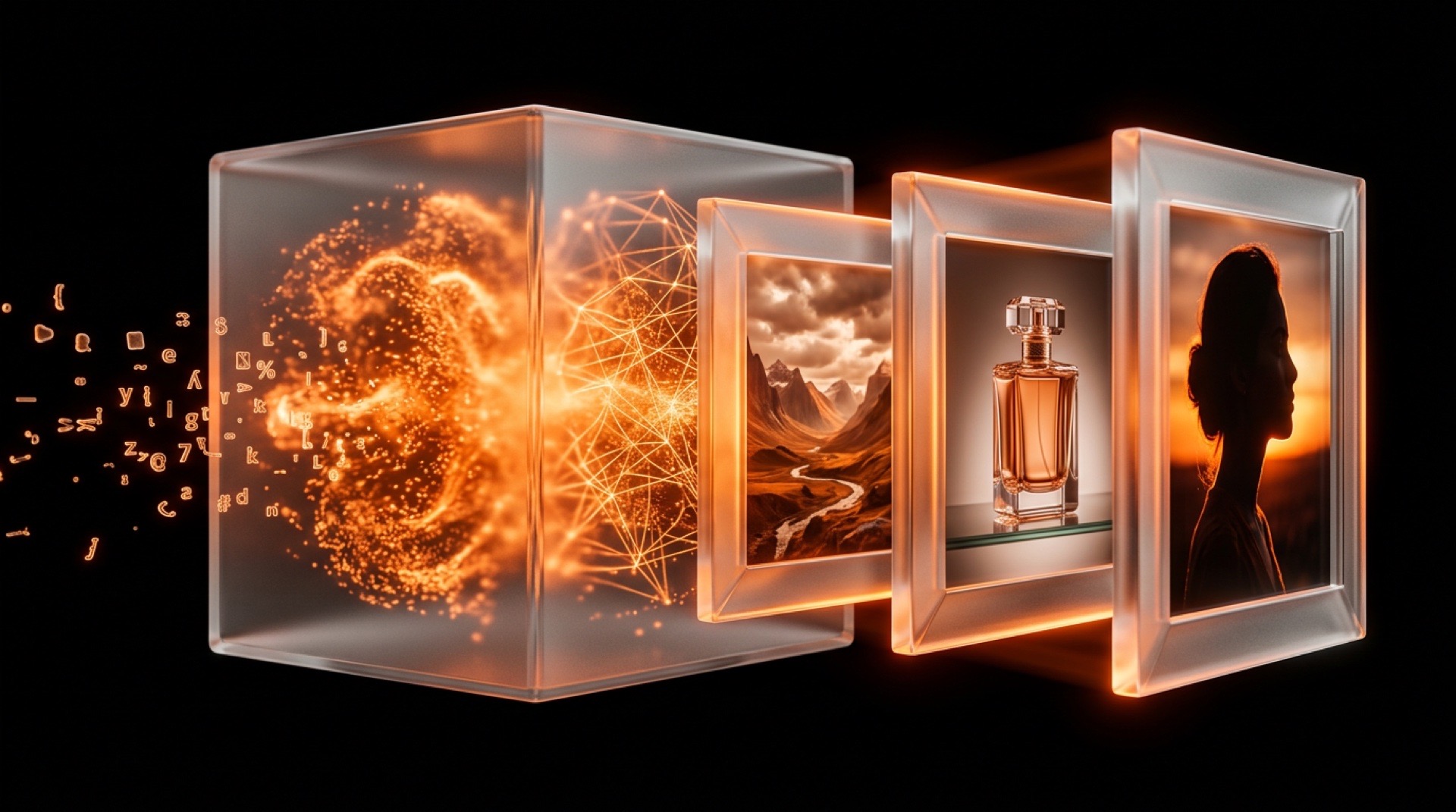 Cube IA en verre orange générant trois cadres photo ultra-réalistes en éventail