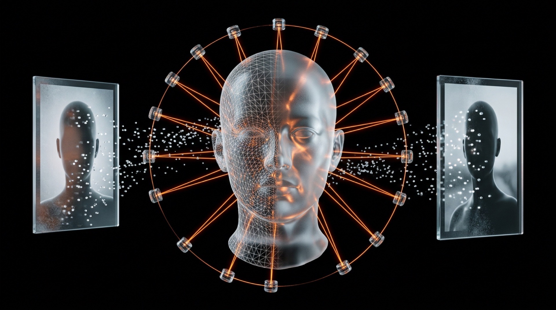 Buste de tête en verre dépoli avec mesh wireframe se transformant en peau photoréaliste, scanné par lasers orange