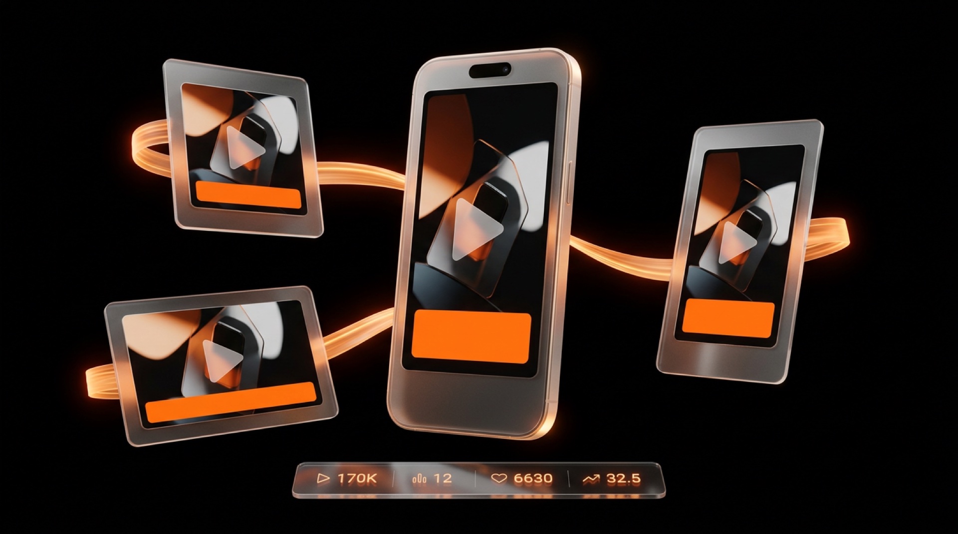 Smartphone en verre orange affichant une vidéo d'ads multi-format avec dashboard analytics autour