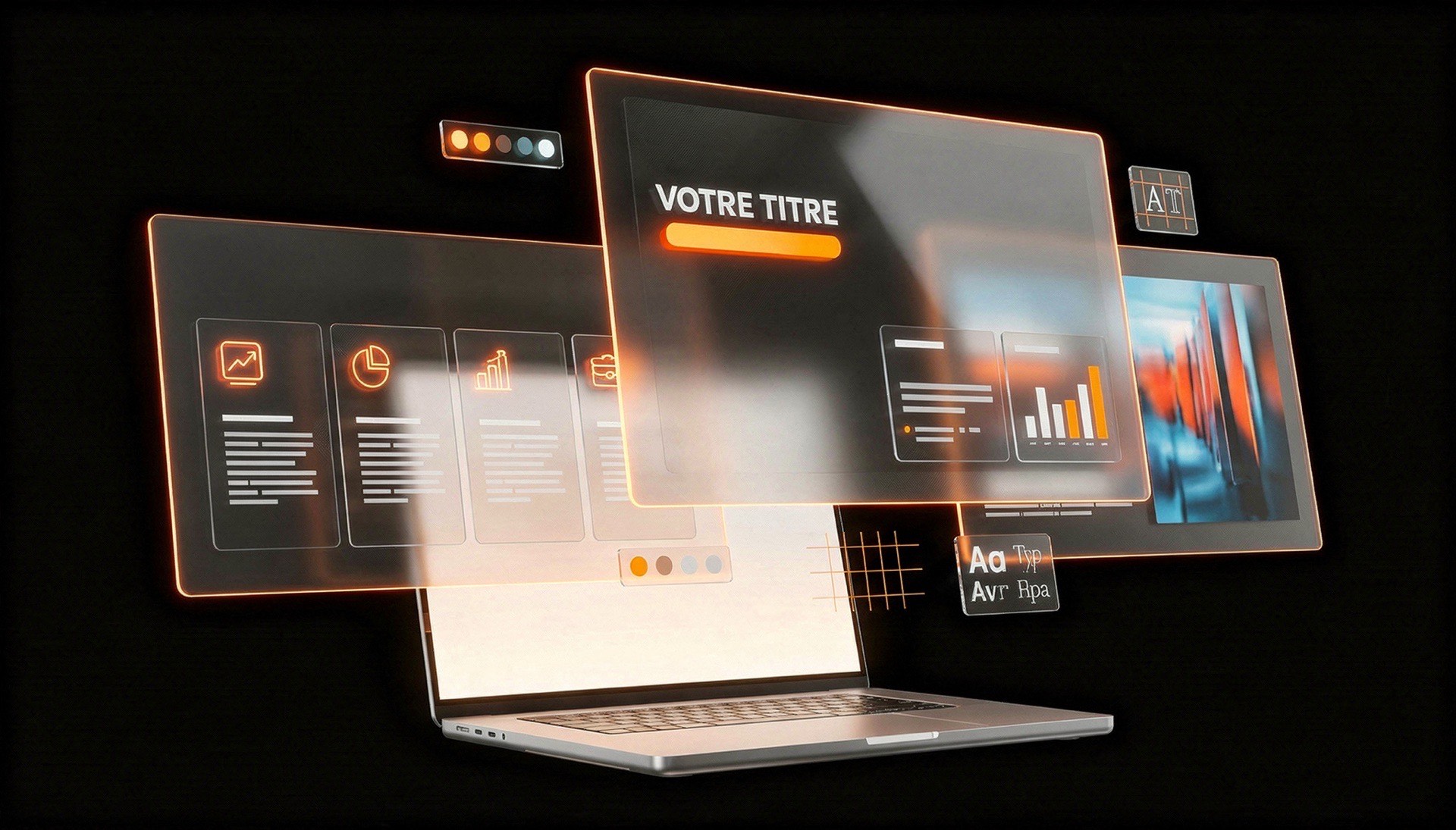 Trois slides de présentation en verre orange en cascade avec accent doré et data visualisation