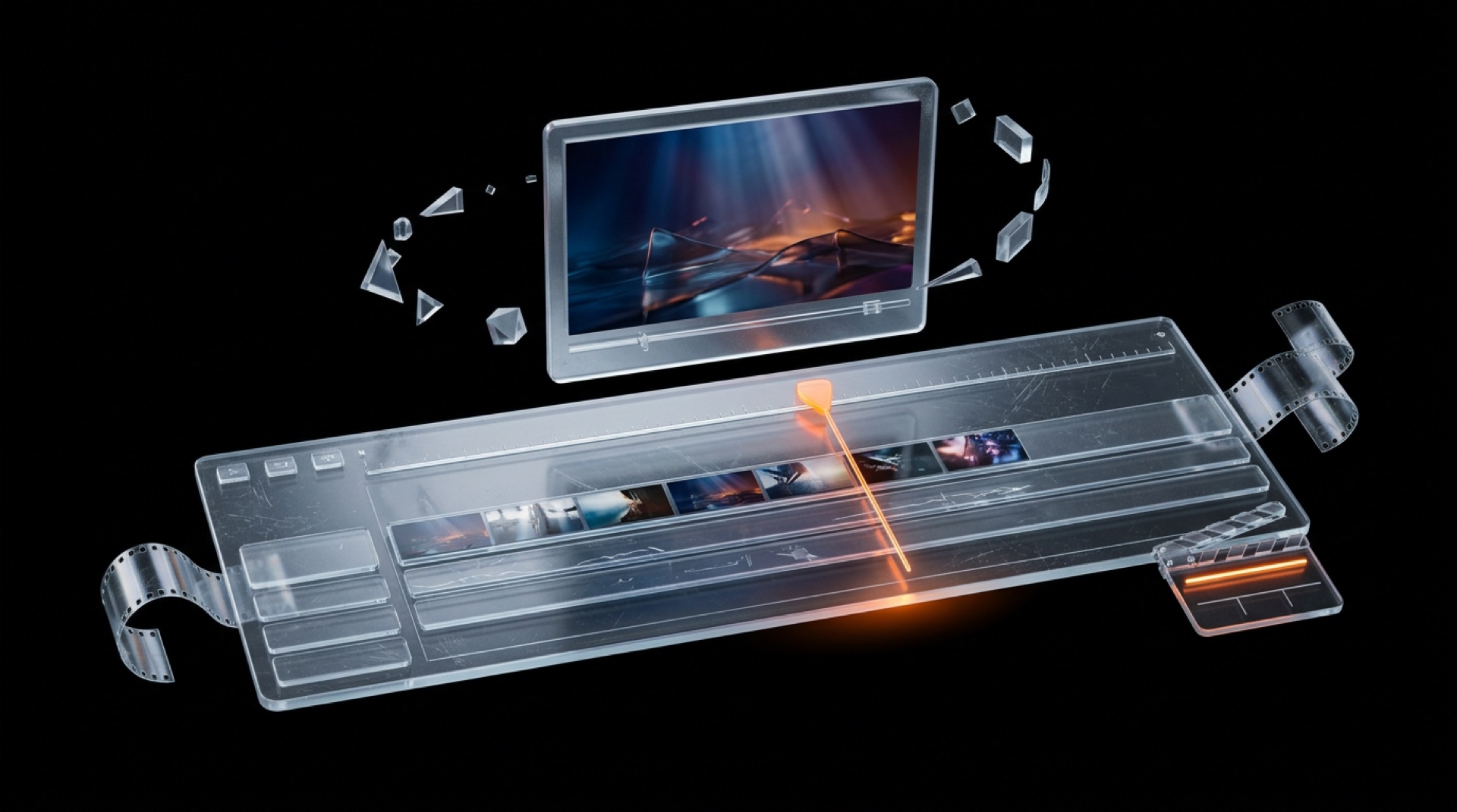 Timeline d'édition vidéo en verre orange avec moniteur de prévisualisation et clapperboard cinématographique