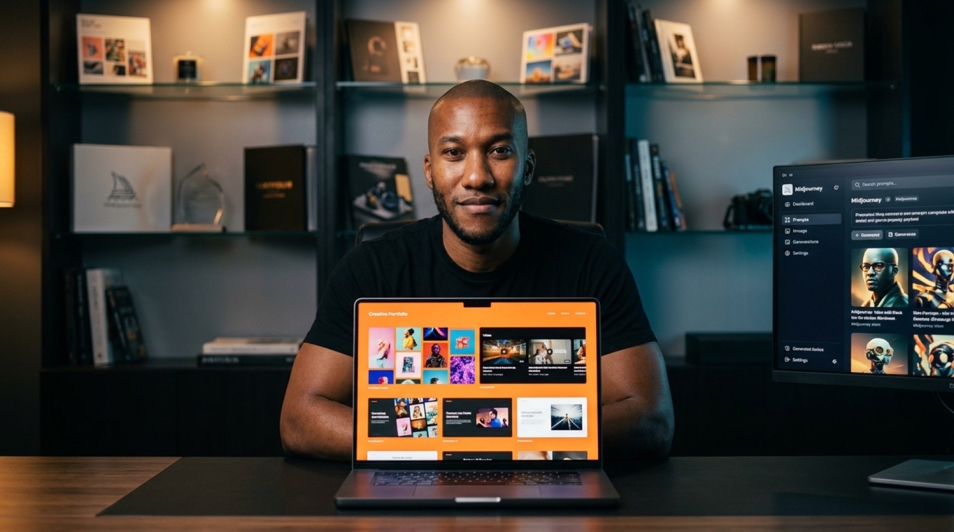Jérémy François en session de coaching individuel devant un portfolio créatif en verre orange et écran Midjourney