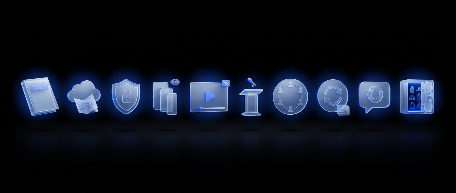 Alignement panoramique des 10 bonus inclus dans Vibe Coding IA Pro en verre dépoli bleu royal : cours studio agents, mini-guide déploiement, RGPD, audit UX multi-device, lives Q/R, masterclass, communauté, mises à jour, support, vault des 7 produits