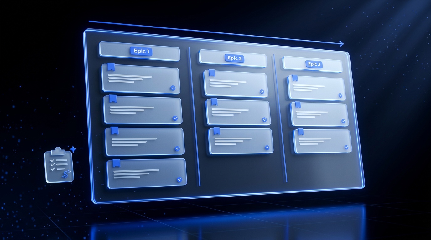 Kanban board en verre dépoli bleu royal avec trois colonnes d'epics et stories prêtes à exécuter, avec une icône de checklist Scrum Master en avant-plan