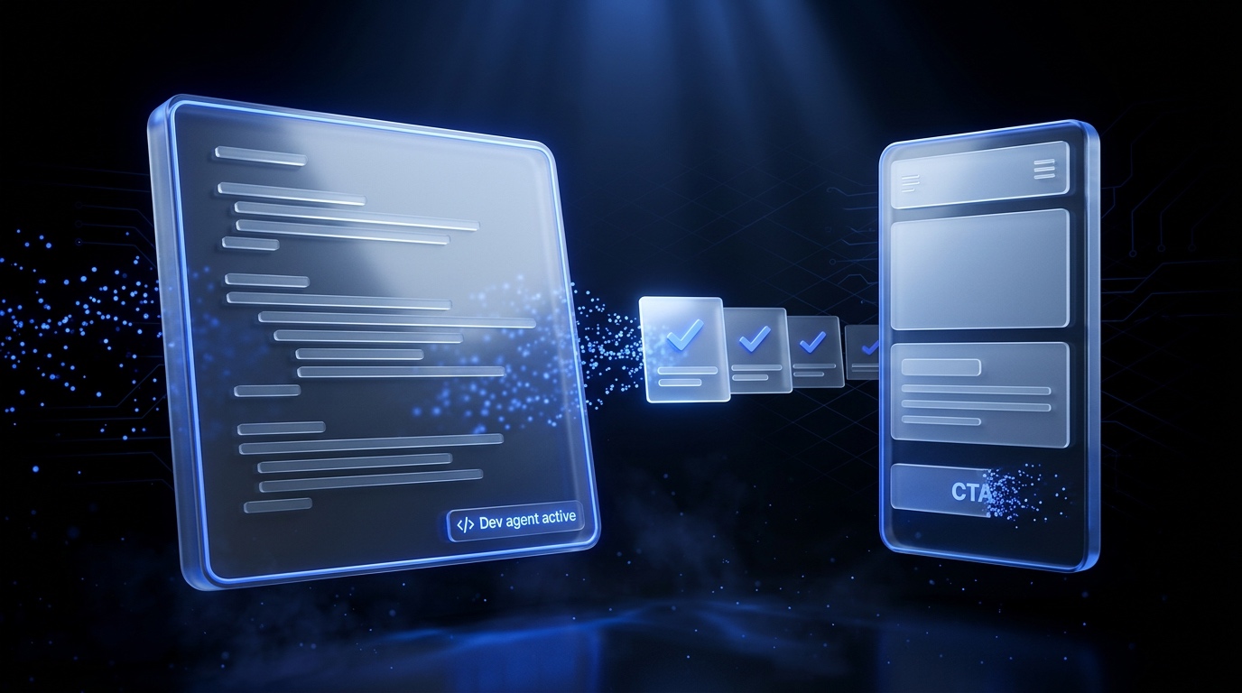 Éditeur de code en verre dépoli bleu royal à gauche, file de stories au centre avec une story en cours d'exécution, preview d'application en construction à droite
