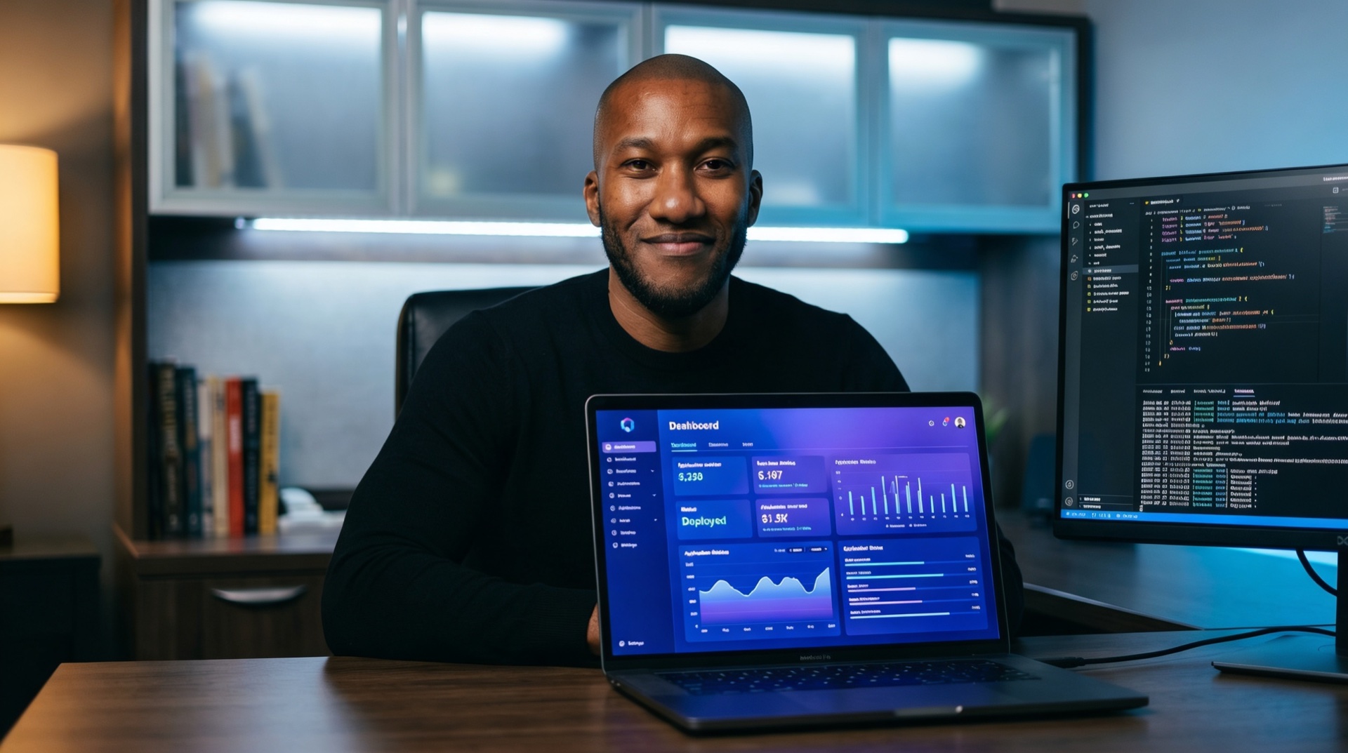 Jérémy François en session de coaching individuel devant un dashboard d'application web bleu-violet et un éditeur de code