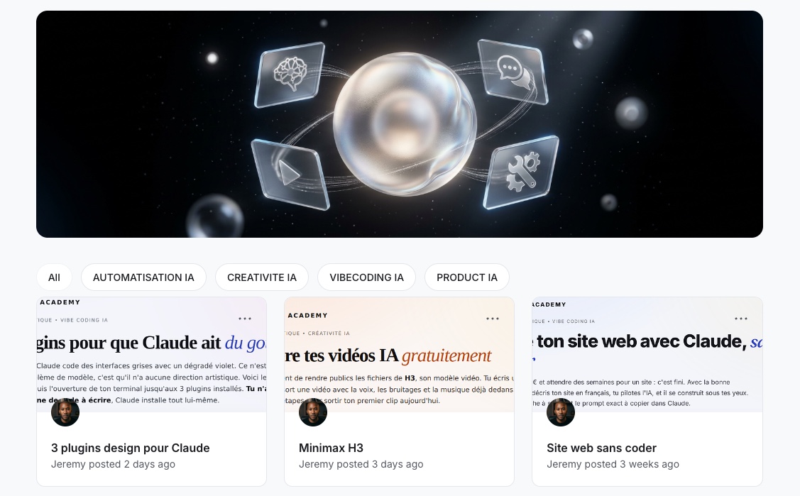 Aperçu du Lab IA : bannière du Lab, filtres par thème (Automatisation IA, Créativité IA, Vibe Coding IA, Product IA) et tutoriels publiés, dont 3 plugins design pour Claude, Minimax H3 et Site web sans coder