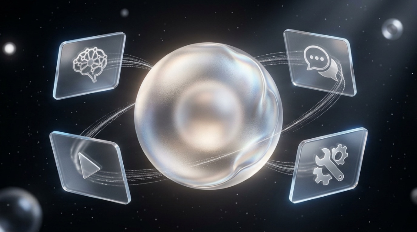 Lab IA en verre dépoli liquid glass : sphère lumineuse centrale entourée de 4 cartes orbitales représentant les modules Bases de l'IA, Prompting, Tutoriels et Outils IA, sur fond noir profond